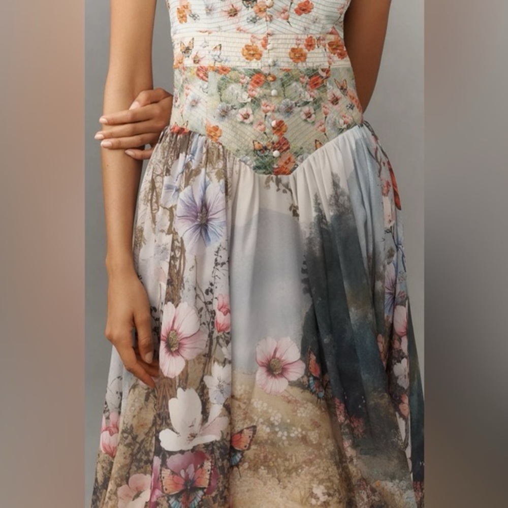 Anthropologie Floral Midi Dress in Light Blue, Pink and Green - Picture 4 of 9